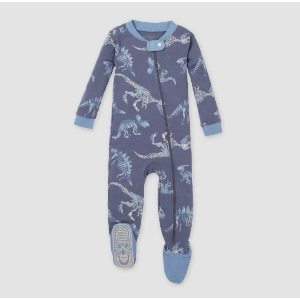 Burt's Bees Organic Cotton Blue Dino Dinosaur Zip Up PJs Pajamas-size 6-9 Month